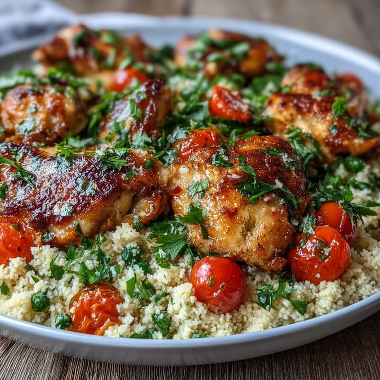 Close-up view of tender chicken and couscous soaked in pan juices, a complete Mediterranean meal ready for dinner.