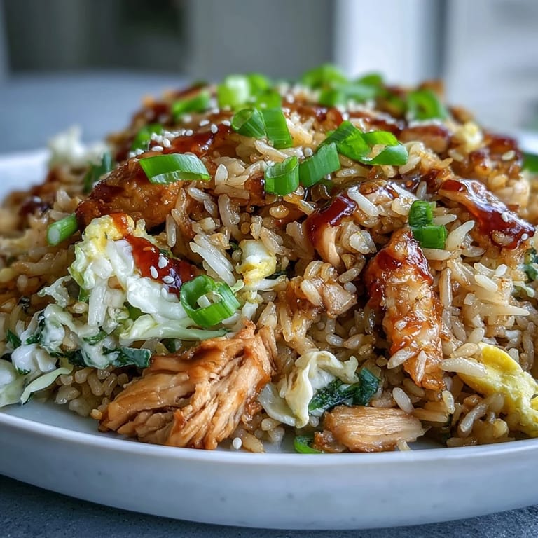 Wok-cooked Egg Roll Fried Rice with shredded chicken and colorful coleslaw mix, ready to eat.