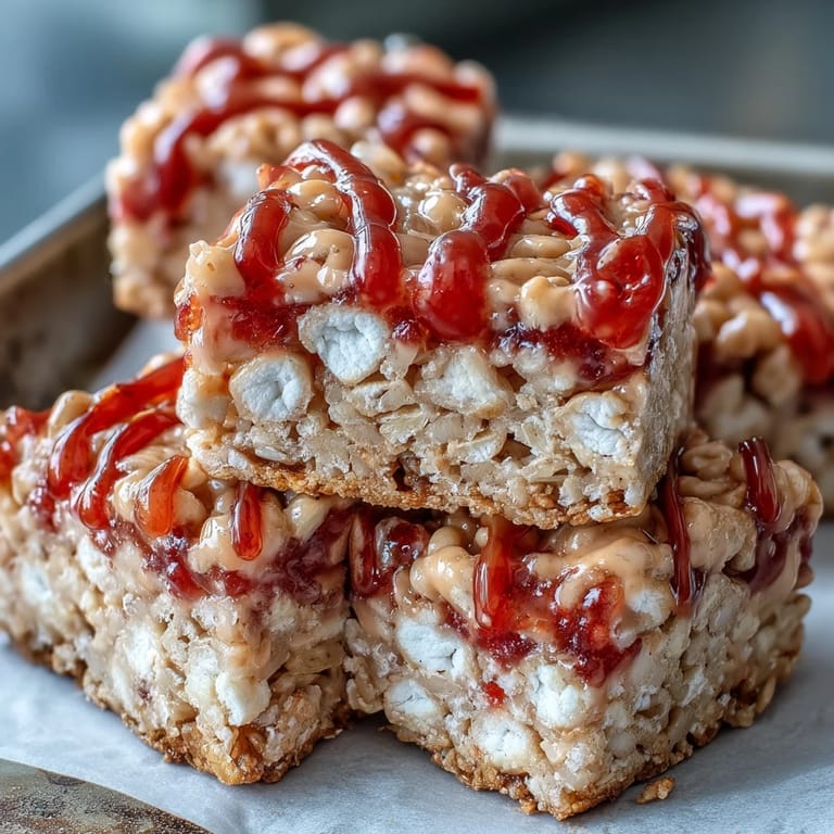 Golden-brown High-Protein PB&J Rice Krispie Bars topped with a thick peanut butter drizzle, perfect for a post-workout snack.