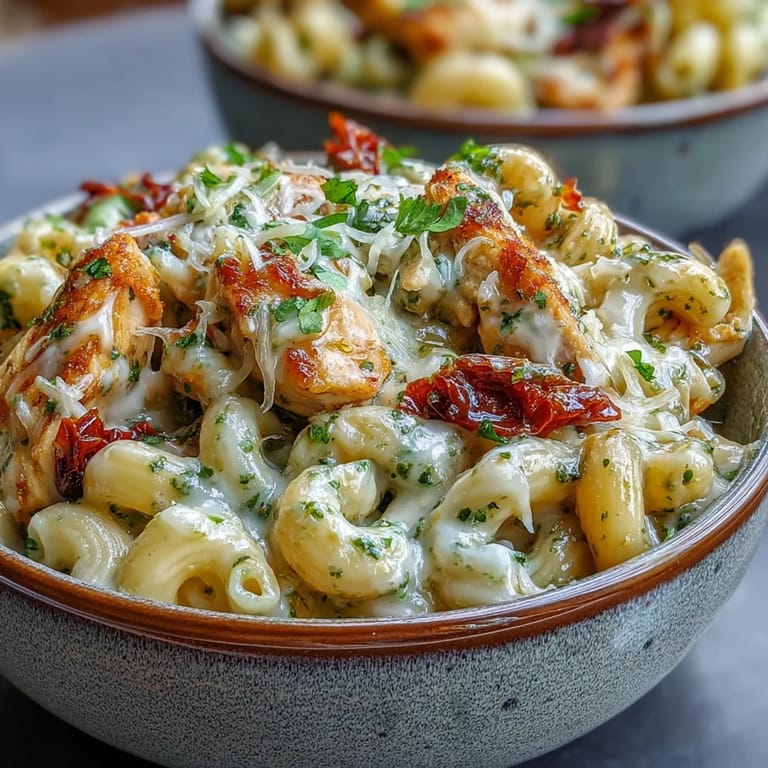 Pesto Chicken Chili Mac in a rustic pot features gooey mozzarella and chopped sun-dried tomatoes.