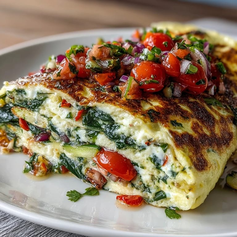 A close-up shot of a Light Veggie Egg White Omelette with Salsa, featuring vibrant red bell peppers and fresh cilantro garnish.