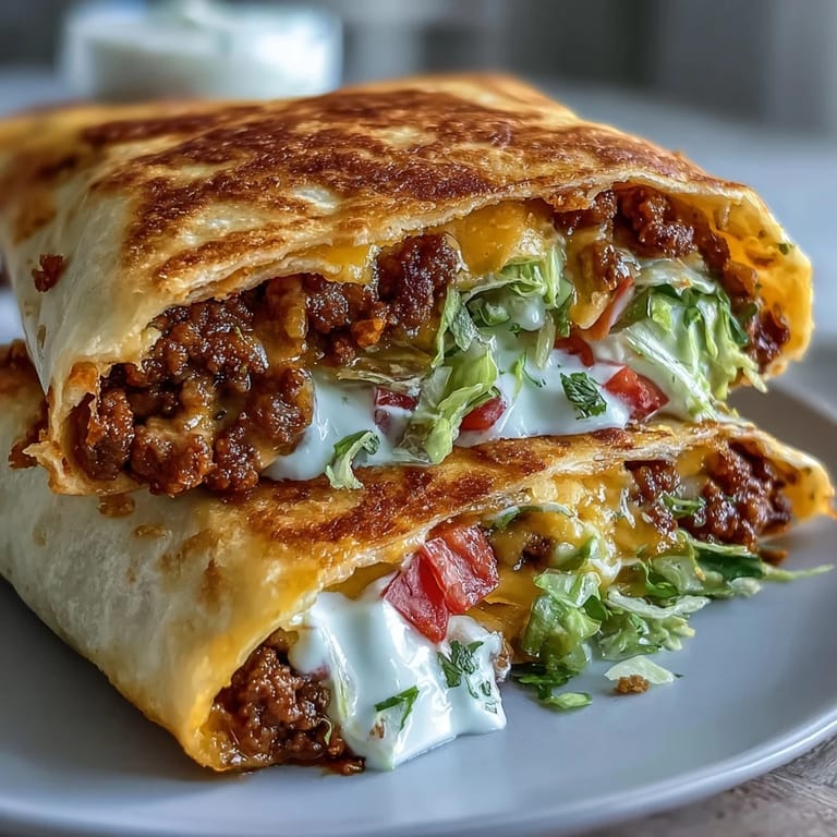 Melty cheddar cheese oozes from a toasted Keto Taco Bell Copycat Crunchwrap, served on a plate with diced tomatoes and a dollop of sour cream.