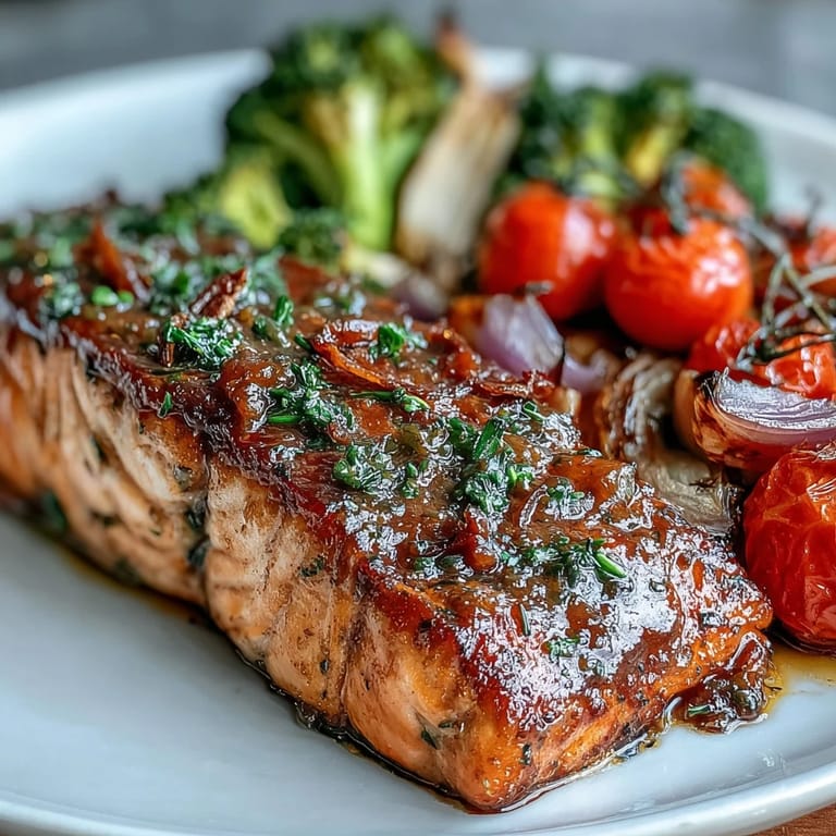 Healthy Sheet Pan Dijon Salmon dinner plated with lemon wedges, ready to serve for a busy weeknight meal.