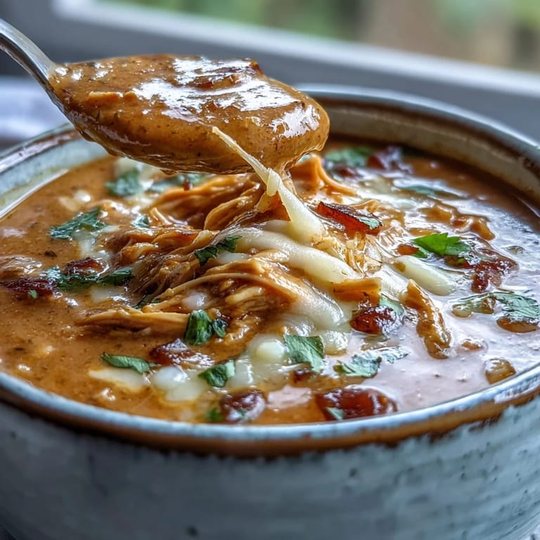 Golden Keto Creamy Chicken Enchilada Soup garnished with jalapeño slices and shredded chicken, served with a wooden spoon.