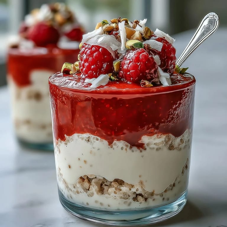 Vibrant Vegan Raspberry Coconut Chia Parfaits layered with creamy coconut pudding and tangy raspberry purée, topped with fresh mint.