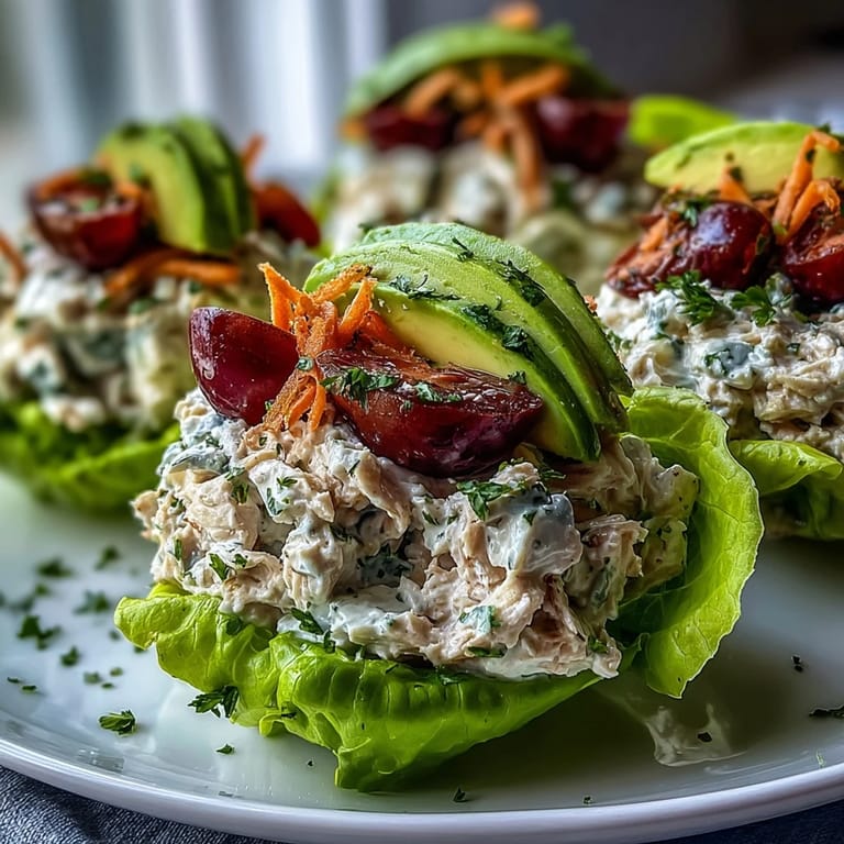 Vibrant butter lettuce cups filled with savory tuna salad, garnished with diced celery and a lemon wedge.