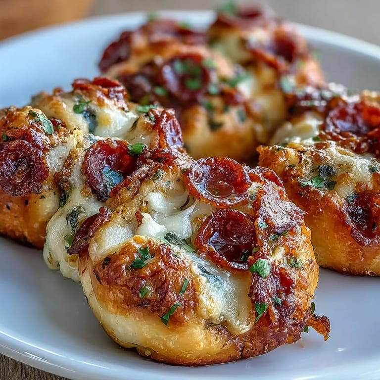 A close-up of Pizza Roll Stuffed Garlic Knots reveals melted mozzarella and pepperoni peeking out, served with warm marinara for dipping.