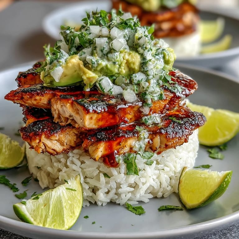 A colorful plated Tangy Honey Lime Chicken & Avocado Rice Stack served with lime wedges, perfect for a fresh and healthy weeknight dinner.