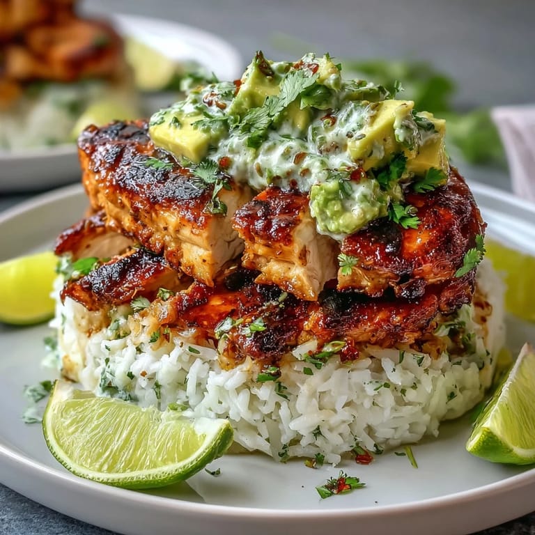 Close-up view of juicy honey lime marinated chicken resting on a bed of fragrant jasmine rice and creamy avocado mix.