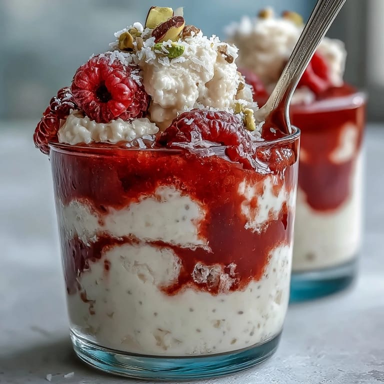 Freshly made Vegan Raspberry Coconut Chia Parfaits in glass jars, garnished with coconut flakes and pistachios for a crunchy finish.