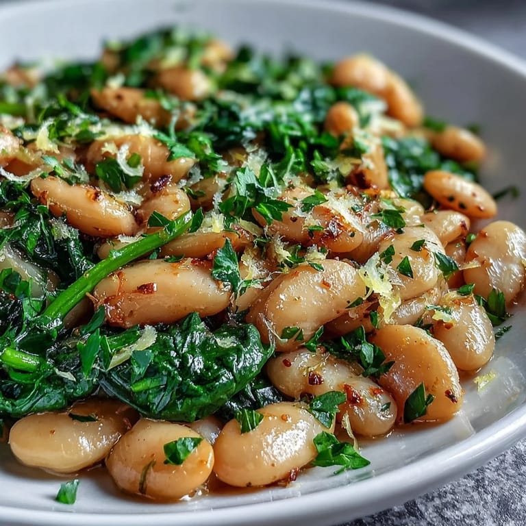 A colorful one-pan vegan dinner featuring tender white beans, wilted spinach, and bright lemon-garlic flavors. Perfect for busy weeknights.