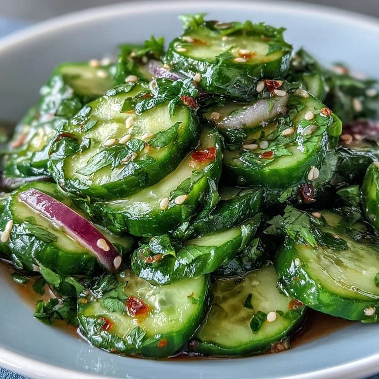 Vibrant chilli-lime cucumber salad with crunchy cucumbers, red onion, and toasted sesame seeds, served chilled as a zesty side dish.