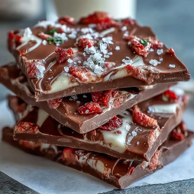 Decadent homemade chocolate bark featuring swirls of dark and white chocolate, studded with crushed freeze-dried strawberries and colorful Valentine sprinkles.  