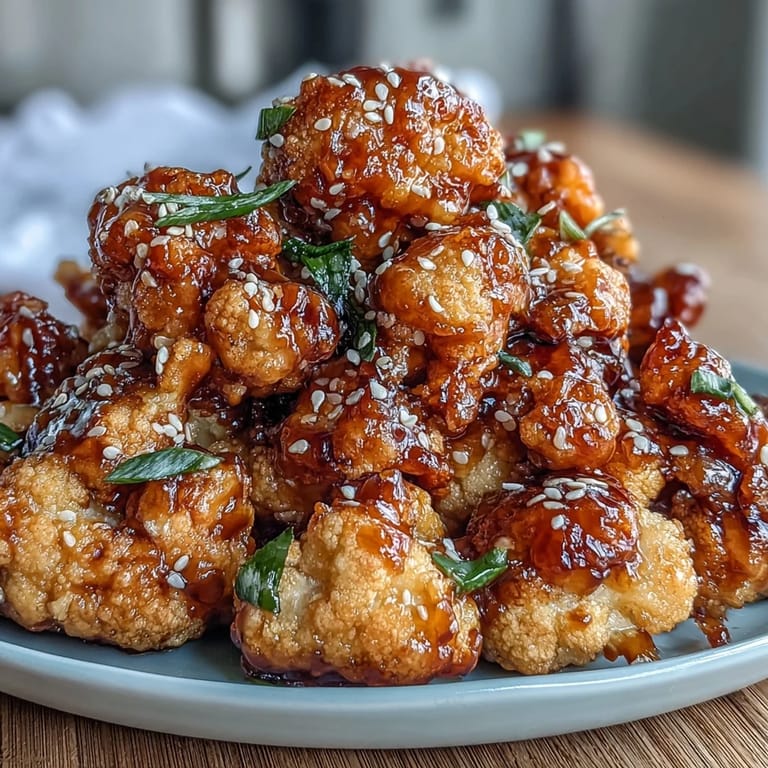 Battered cauliflower bites air fried to crunchy perfection, tossed in tangy General Tso's sauce and served with fresh green onion garnish.  