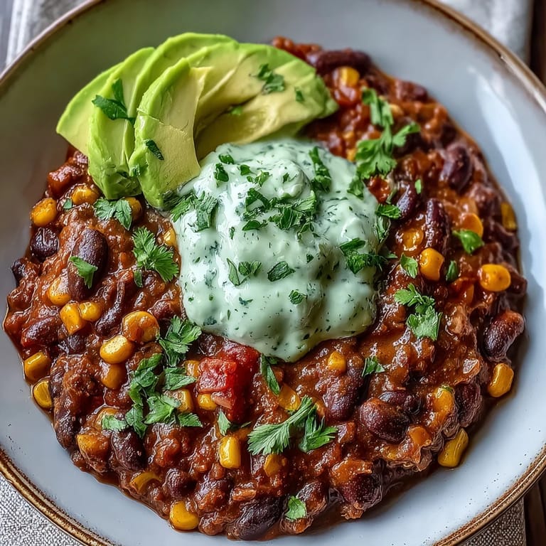 A bowl of bold Tex-Mex chili loaded with black beans, sweet corn, and zesty lime crema topping.  