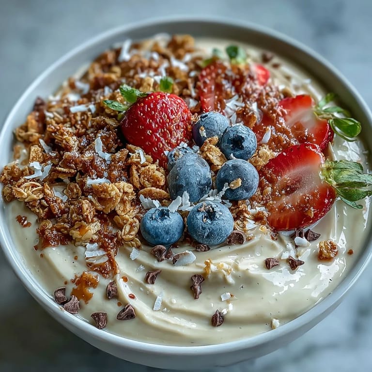 Vanilla bean frappuccino smoothie bowl layered with granola, blueberries, and strawberries, topped with cacao nibs for a delightful coffee-flavored breakfast.