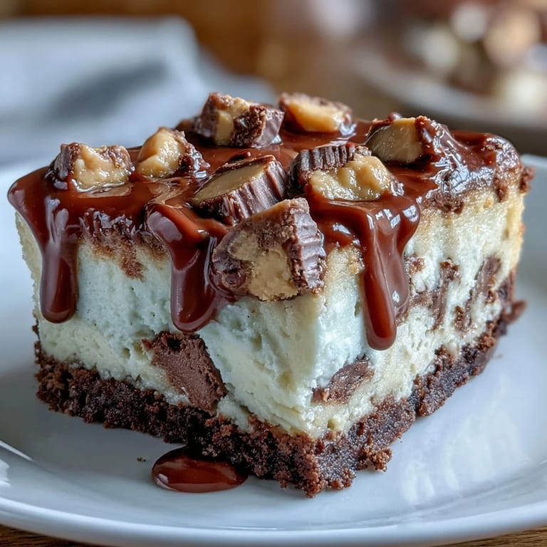 Decadent cheesecake bars swirled with peanut butter and topped with chocolate chips, ideal for parties and special occasions.