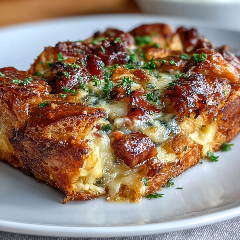 A warm, comforting breakfast casserole of buttery croissants, smoky ham, and creamy cheese baked until golden and puffed for family gatherings.