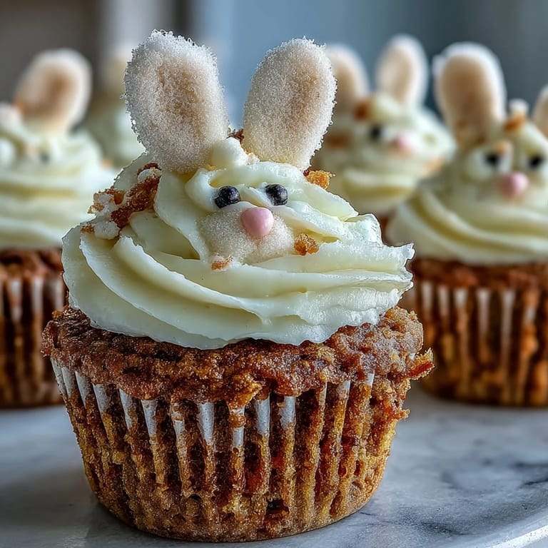 Moist spiced carrot cake cupcakes topped with fluffy cream cheese frosting, decorated as cute Easter bunnies for a delightful spring dessert.