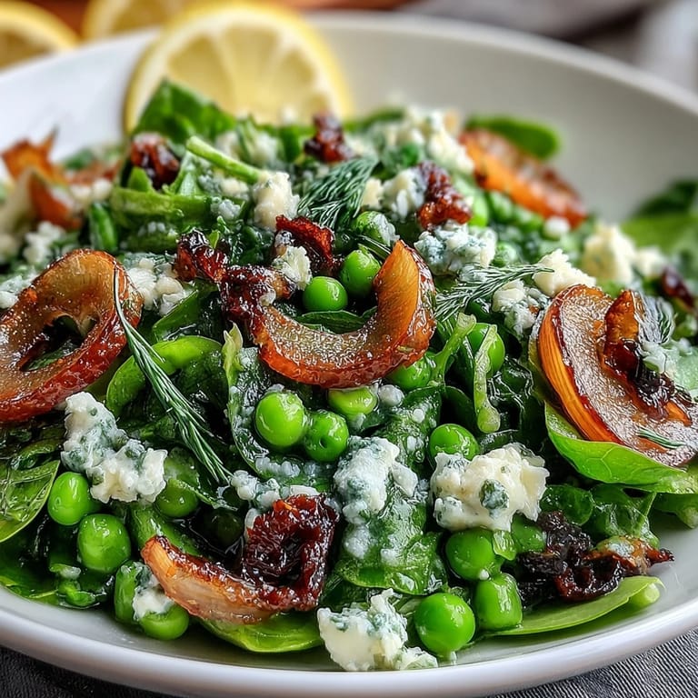 Vibrant spring salad featuring peppery arugula, sugar snap peas, and tangy lemon vinaigrette, topped with fresh chives and optional feta cheese.