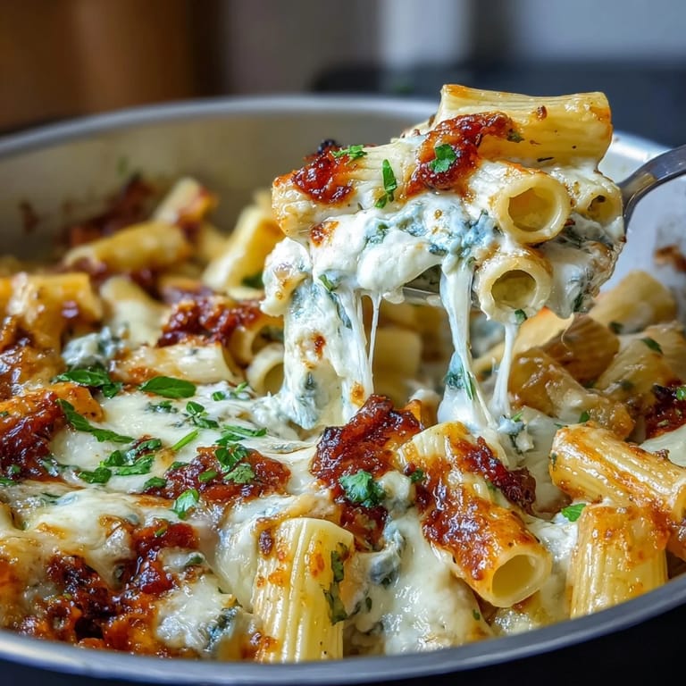Rich tomato sauce coats tender pasta in this easy one-pot cheesy pasta bake, topped with gooey melted cheese.