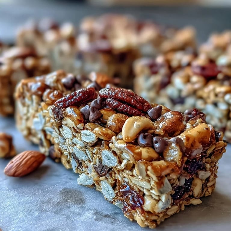 3. Healthy no-bake granola energy bars featuring oats, rice cereal, and chocolate chips, ideal for hikes or picnics.