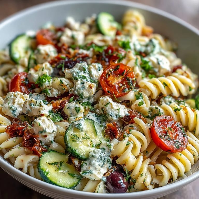 Colorful Easy Picnic Pasta Salad with crisp veggies and creamy mozzarella, tossed in tangy dressing.