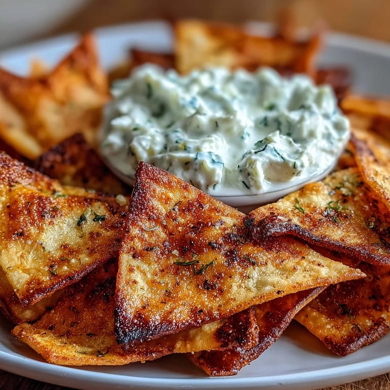 A platter of crunchy pita chips paired with smooth tzatziki, ideal for parties or casual snacking.