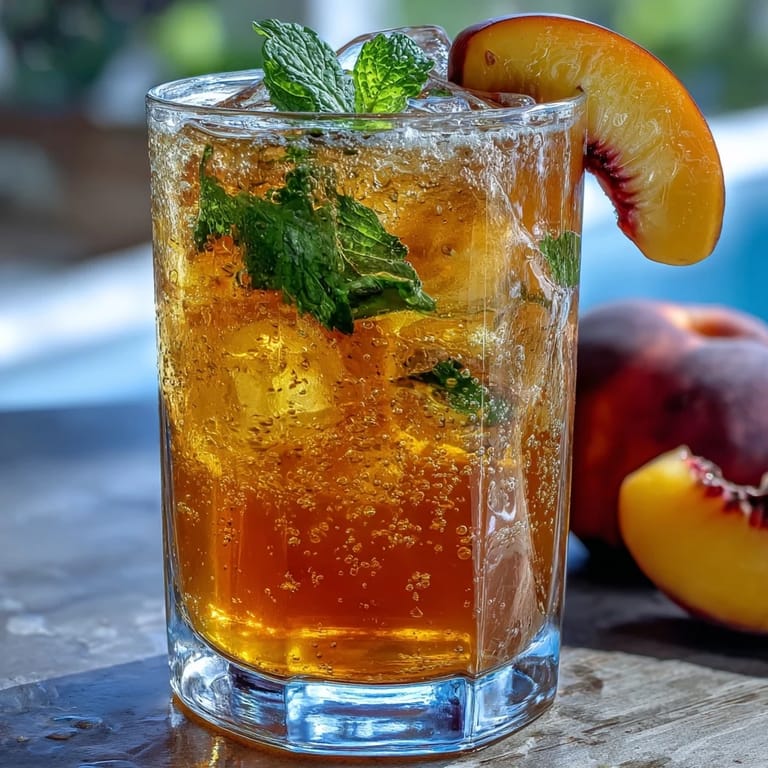 Sparkling Mango Peach Tea served over ice, blending ripe mango and peach puree with chilled black tea for a fizzy, fruity drink.