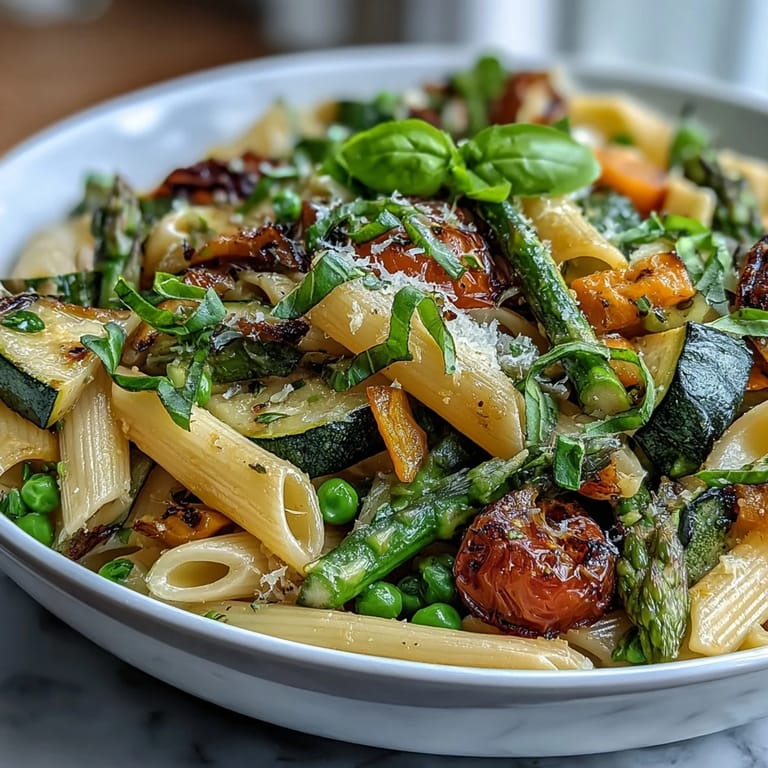 Fresh spring vegetables including asparagus, zucchini, and cherry tomatoes served over al dente pasta with Parmesan and basil.