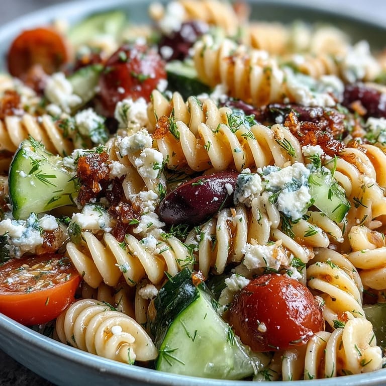 Vibrant summer pasta salad featuring juicy tomatoes, crisp cucumbers, briny olives, and creamy feta in a zesty Greek dressing.