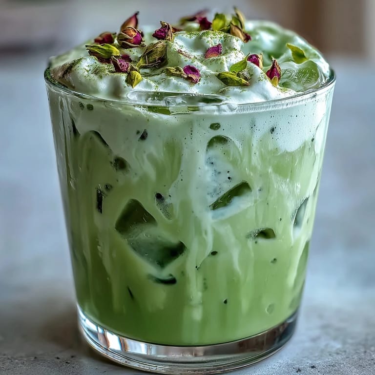 Refreshing iced matcha latte with sweet vanilla foam, garnished with a dusting of matcha powder.