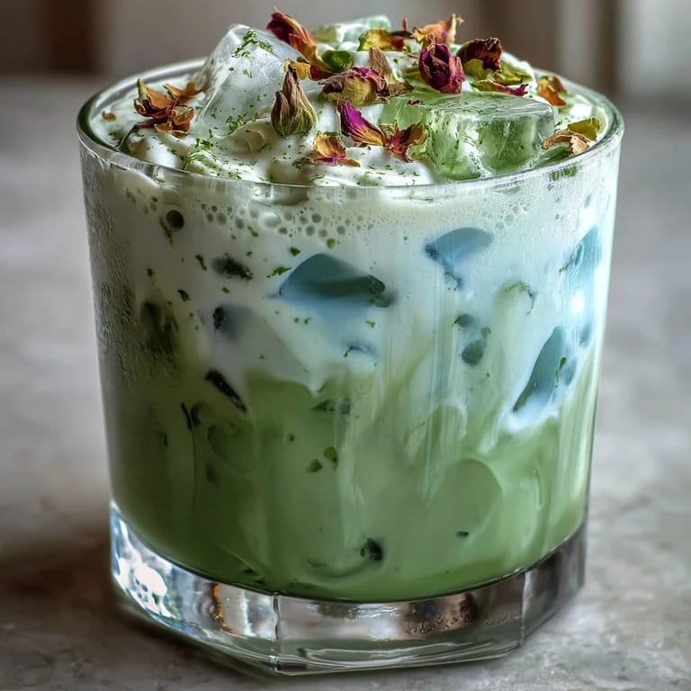 Elegant layered matcha latte topped with pillowy vanilla cold foam in a tall glass, ready to serve.