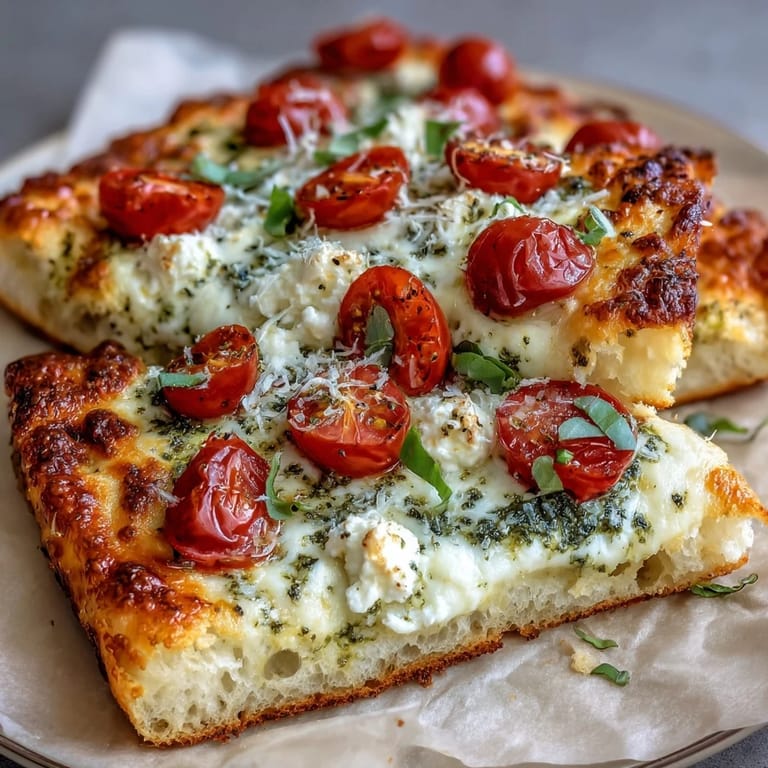 High-protein cottage cheese flatbread with garlicky flavor, spread with fresh pesto and garnished with ripe tomatoes and basil leaves.