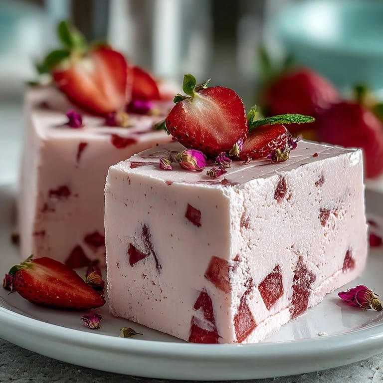 A mosaic of pink and red gelatin cubes nestled in a silky cream base, creating a stunning, fragrant cake.