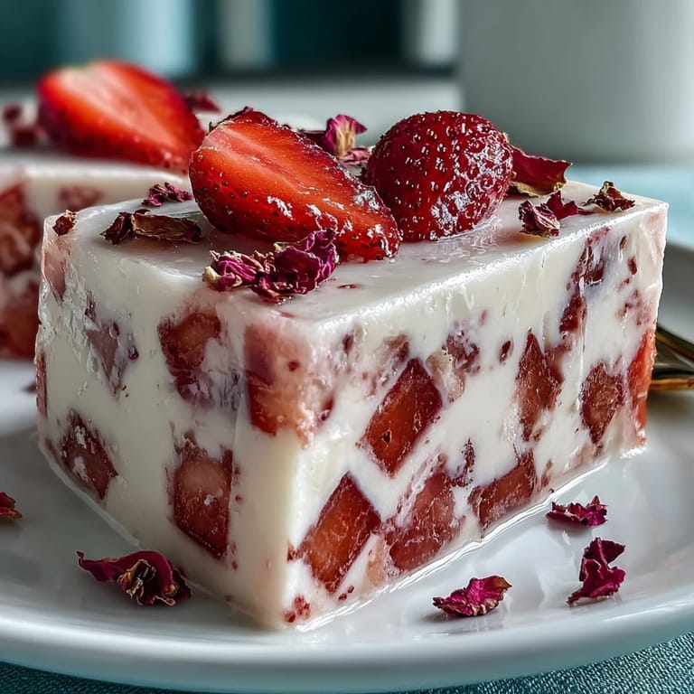 Delicate rose and strawberry gelatin pieces float in a smooth cream mixture, offering a refreshing and beautiful summer dessert.