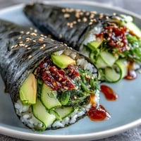 Hand rolls filled with seasoned sushi rice, tangy seaweed salad, crisp cucumber, and spicy mayo in a nori cone.  
