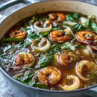 Asian Hot Pot Seafood: A steaming pot of savory broth filled with fresh shrimp, fish, mussels, and crisp vegetables, ready for interactive table cooking.