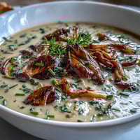Velvety Wild Mushroom Bisque with sautéed cremini and shiitake, finished with a swirl of cream and fresh thyme.  