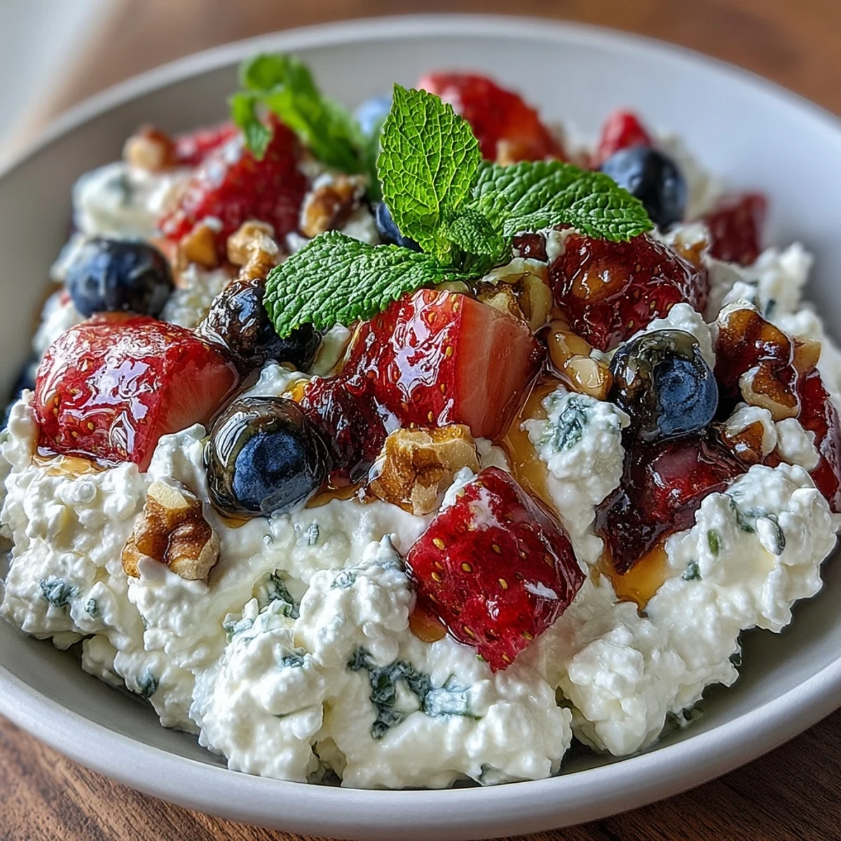 Cottage cheese fruit bowl with strawberries and honey, topped with fresh mint and crunchy walnuts.  