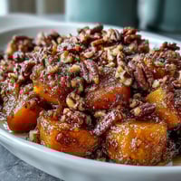1. Candied yams casserole with pecan streusel topping, golden and bubbling from the oven, perfect for holiday feasts.  