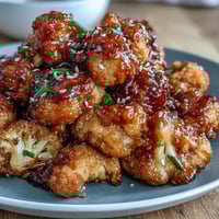 Crispy air fryer General Tso's cauliflower with golden florets in a glossy sweet-spicy sauce, garnished with sesame seeds and scallions.  
