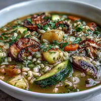 A steaming bowl of rustic vegetable barley soup with mushrooms, loaded with tender barley and fresh vegetables in a savory broth.  