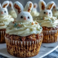 Adorable Easter Bunny Carrot Cake Cupcakes with cream cheese frosting, decorated with marshmallow ears and candy faces for festive spring fun.