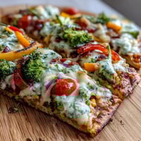 Vibrant St. Patrick's Day Rainbow Veggie Flatbread Pizza with fresh bell peppers, broccoli, and purple cabbage arranged in colorful rows.