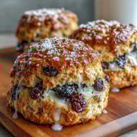 Freshly baked blueberry lemon sourdough scones, golden and flaky, bursting with juicy berries and citrus zest.  