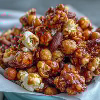 Sweet and salty popcorn mix with peanuts and caramel, perfect for baseball season snacking.