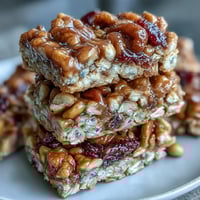 1. No-bake granola energy bars with oats, nuts, and dried fruit, drizzled with honey and peanut butter.