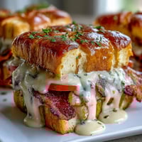 Miniature Derby Party Hot Brown Sliders on brioche buns, layered with turkey, bacon, and creamy Mornay sauce.