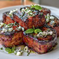 Grilled watermelon salad with feta and mint, showcasing juicy charred fruit with creamy cheese and fresh herbs.